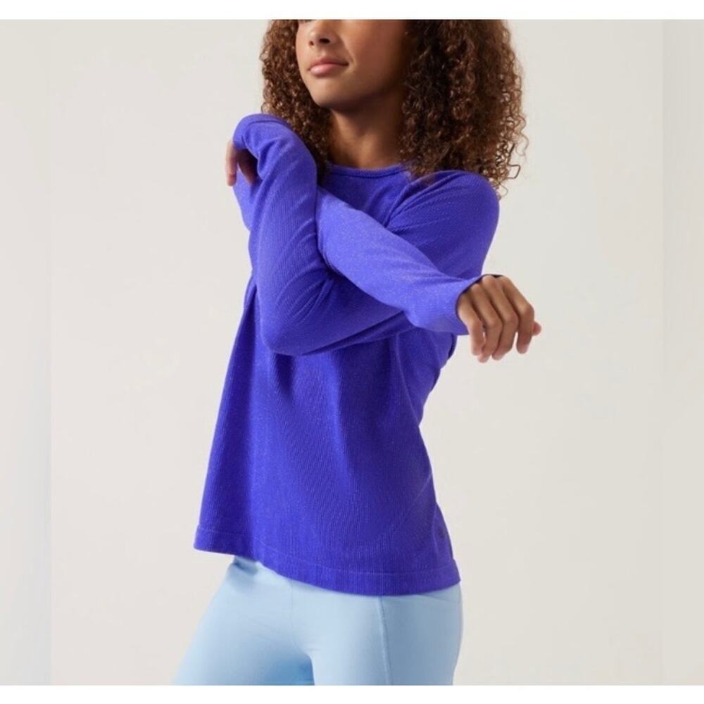 Athleta Girl XL Power Up Seamless Long Sleeve Active Top Blue Shimmer Large NWT